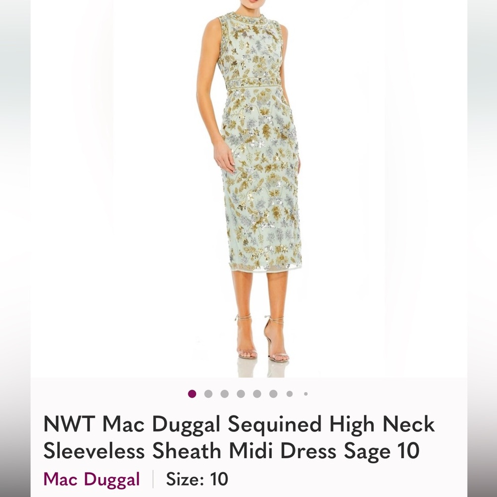 NWT Mac Duggal Sequined High Neck Sleeveless Sheath Midi Dress Sage 10